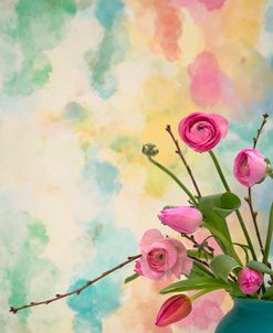 Pink Flowers in Turquoise Vase