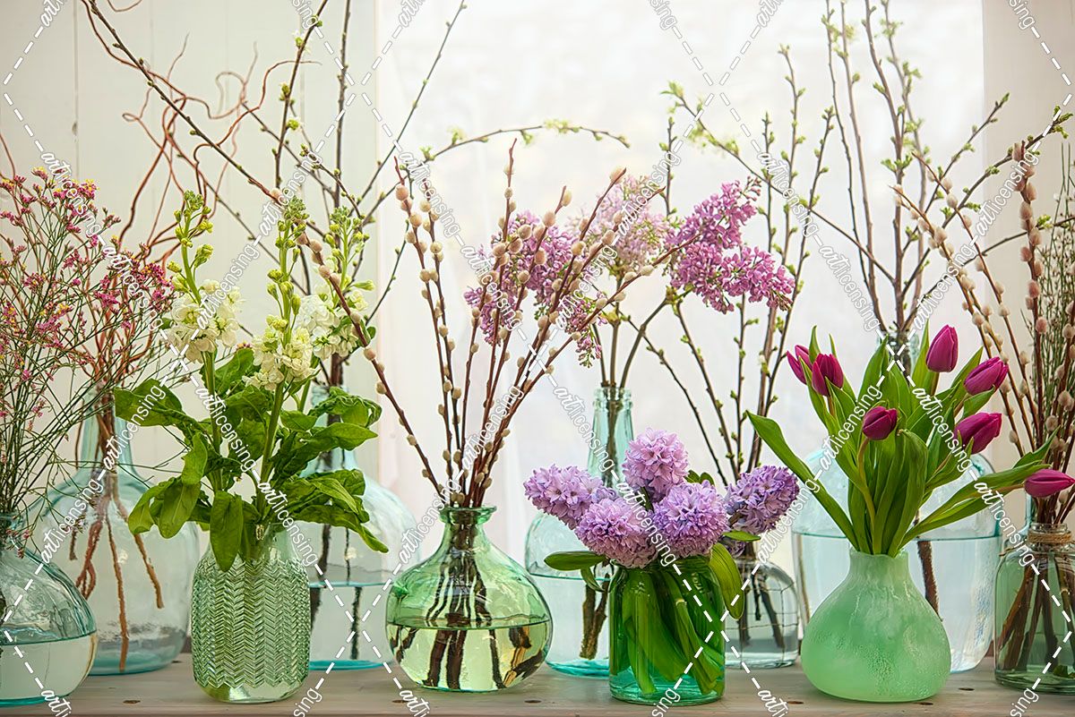 Spring Flowers in Glass Bottles III