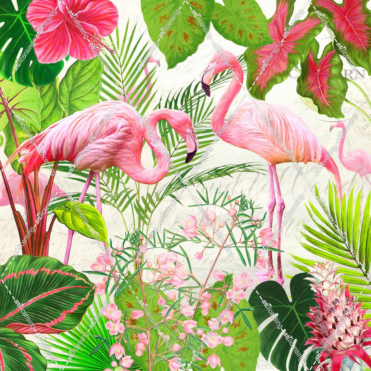 Flamingos And Tropical Leaves