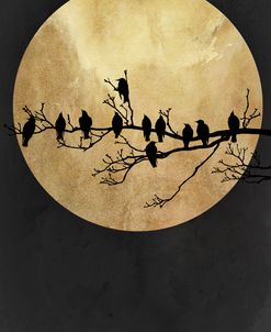 Sparrows On A Branch At Full Moon