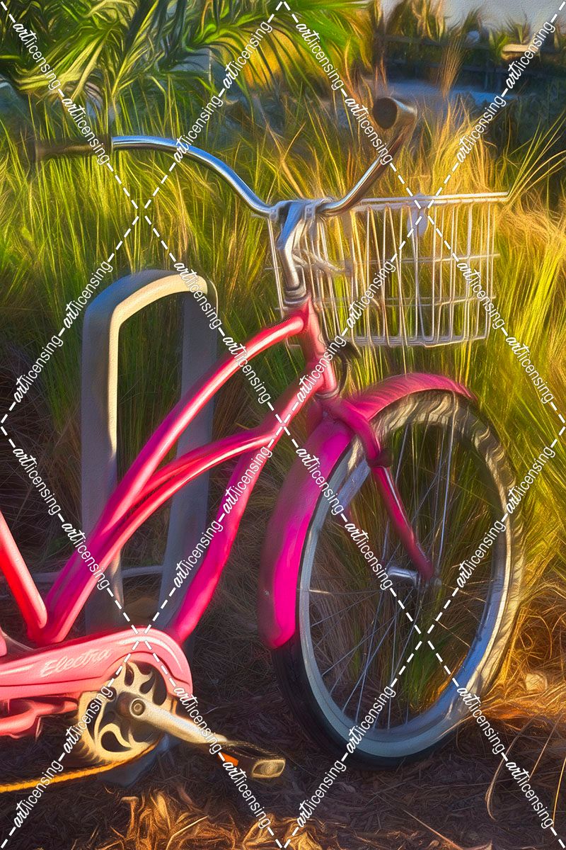 Pink Beach Bike Watercolor Painting