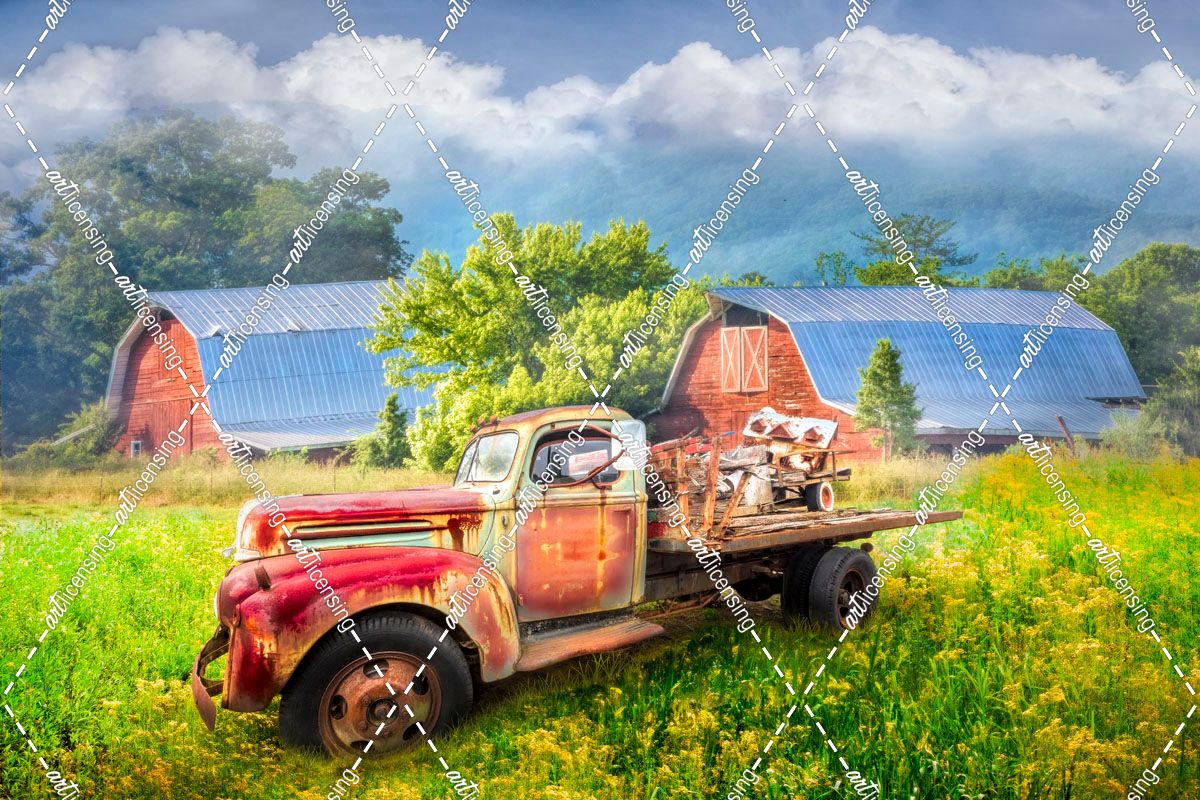 Rusty Old Truck and Red Barns