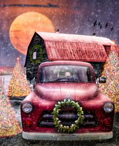 Red Truck Under the Christmas Moon