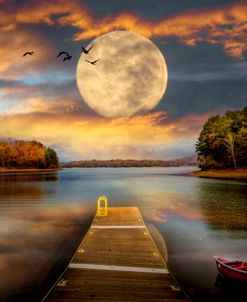 Red Canoe at the Moonlit Lake Dock