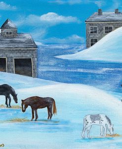 Horses In Snow By River Folk Art