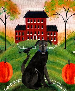 Country Folk Art Dog, Crows And Pumpkins