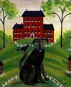 Folk Art House With Black Dog & Crow