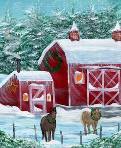Winter Horses by Red Barn