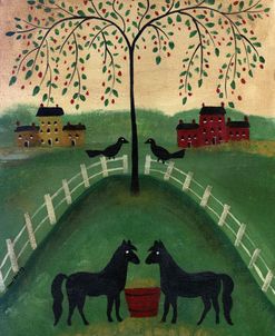 Two Black Horses Under A Willow Tree