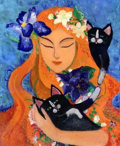 Flower Child with Two Kittens