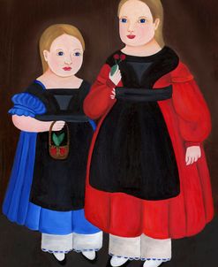 Sisters in Black Aprons with Basket of Cherries