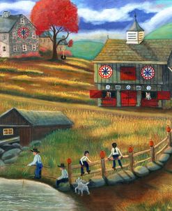 Pumpkin Red Barn Folk Art On Canvas by Cheryl Bartley Print