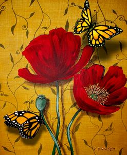 Red Poppies With Yellow Butterflies