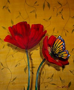 Red Poppies With Yellow Butterfly