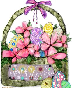 Happy Easter Basket With Eggs And Flowers