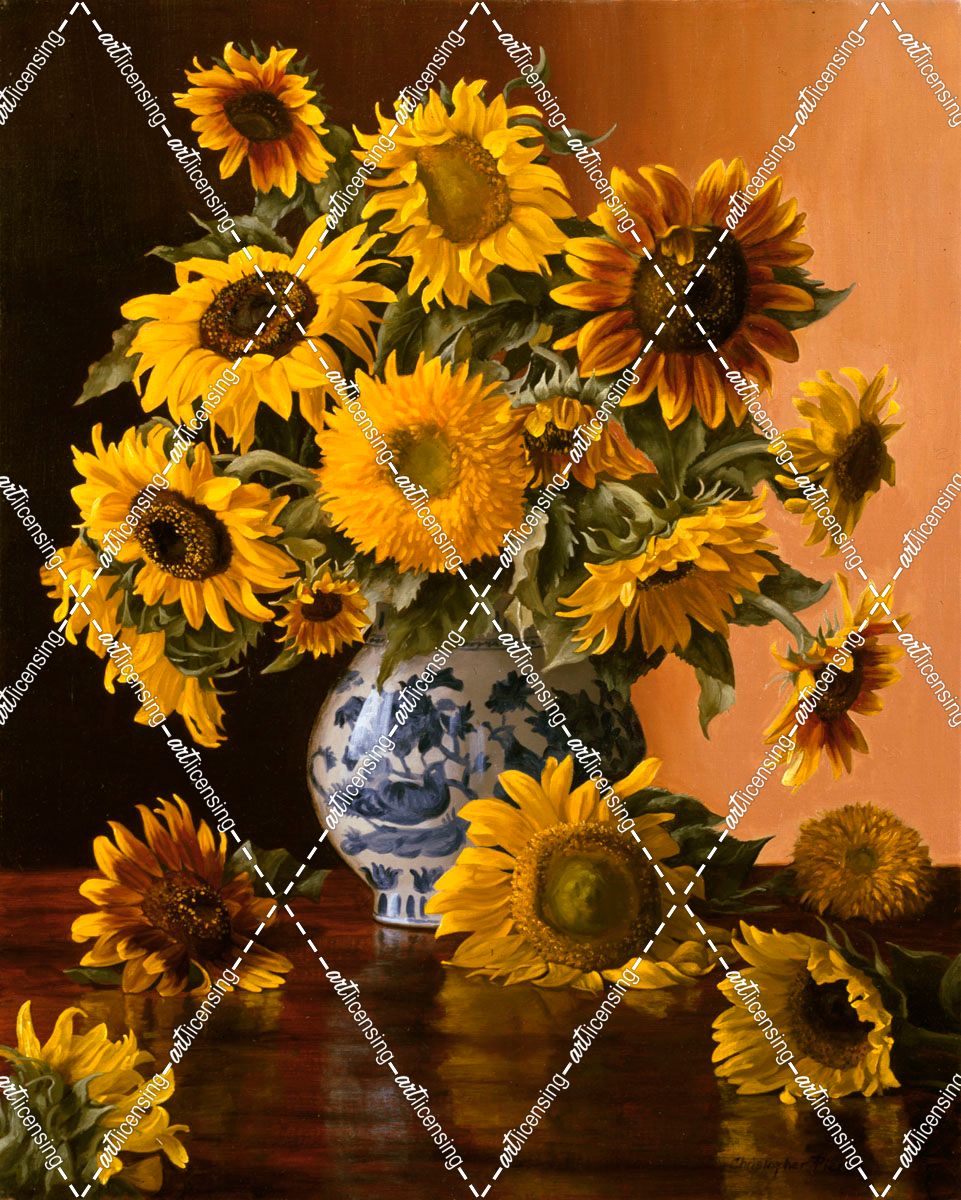 Sunflowers in a Blue Willow Vase