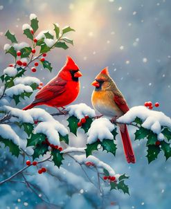Christmas Cardinals and Holly in Snow