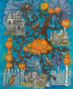 Pumpkins Skeletons Spiders and Trees Blue A