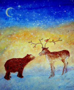 Bear And Deer Meeting Under The New Moon