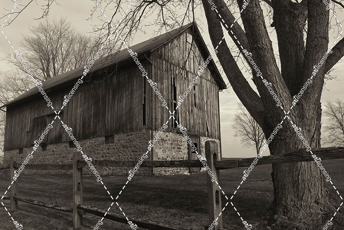 Old Weathered Barn And Wooden Fence B&W