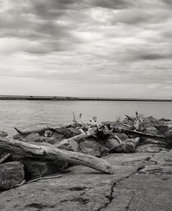 Cloudscape Over Pier With Driftwood B&W