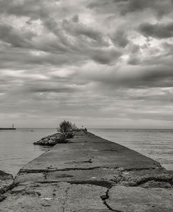 Cloudscape Over Pier With Jagged Rocks B&W