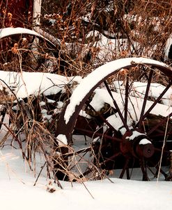 Broken Antique Wagon In Snow