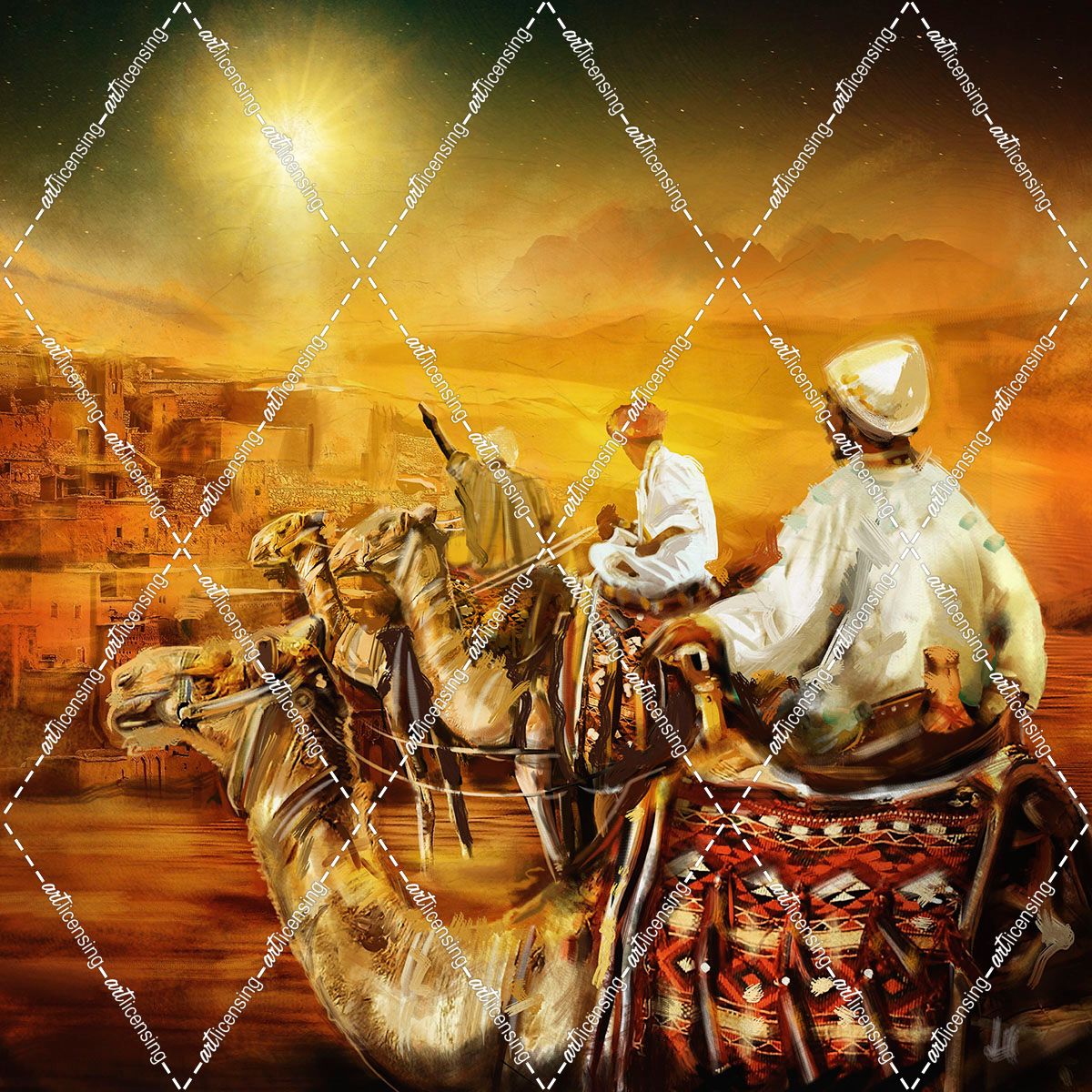 Three Three Wise Men, Biblical Magi, Three Wise Men, Kings, Digital, Camels, Animals, Travelers, People, Religious, Followed a Star, Arabic, Middle Eastern City, Cities, Stars, Starry Sky, Deserts, Star of BethlehemWise Men