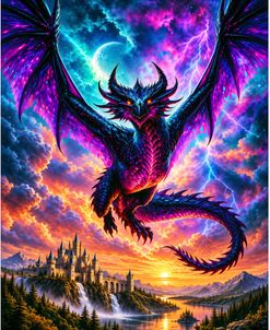 Neon Dragon Over The Castle