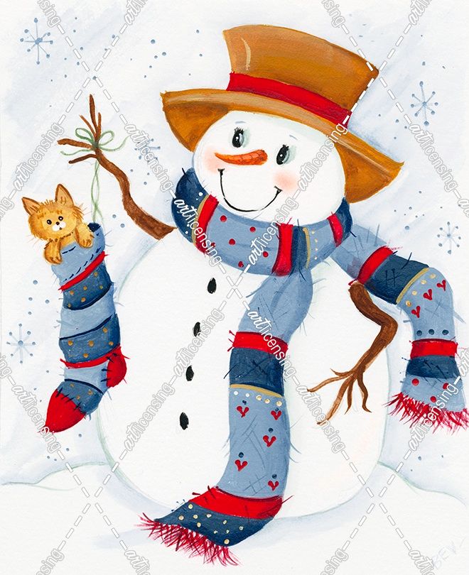 Snowman With Cat In Stocking