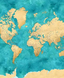 Lexy Detailed World Map In Teal And Gold