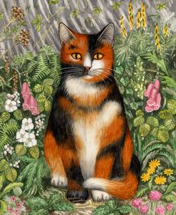 Tortoiseshell Cat In Garden With Hollyhocks