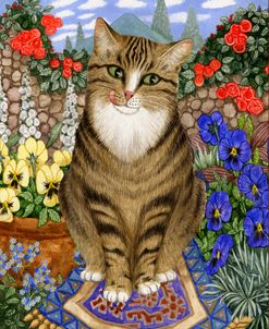Tabby With Pansies And Red Roses