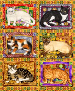 Six Cats On Patterned Background