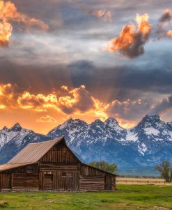 Moulton barn sunset fire