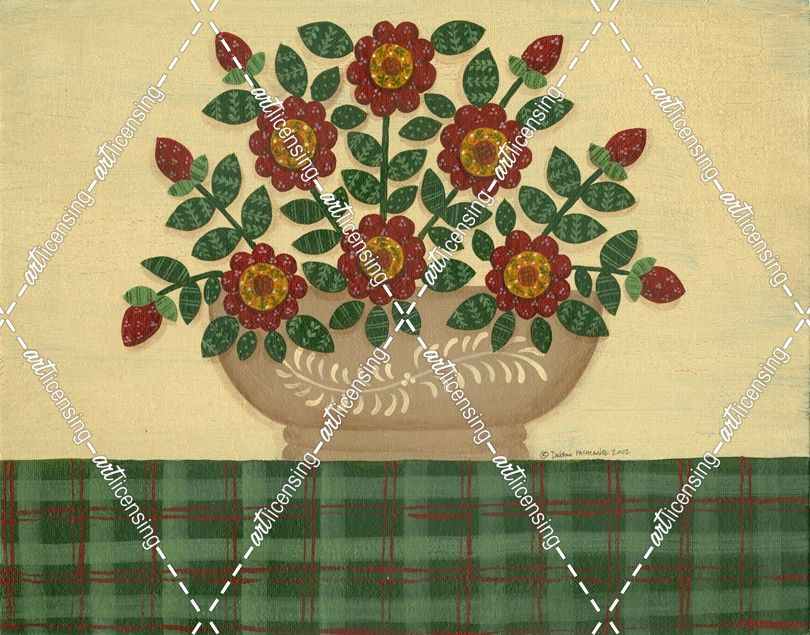 Red Flowers With Dark Green Tablecloth