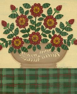 Red Flowers With Dark Green Tablecloth