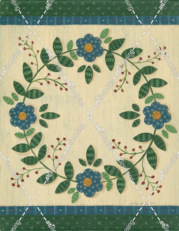 Circle Of Blue Quilt Flowers With Green Border