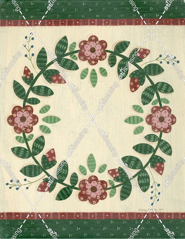 Circle Of Red Quilt Flowers With Dark Green Border