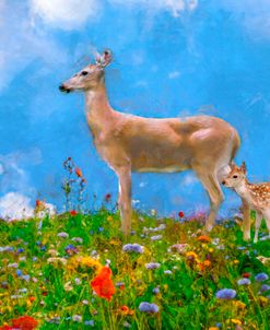 Doe and Fawn in a Field of Wildflowers