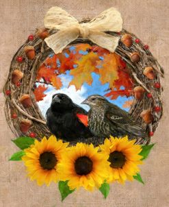 Red-winged Blackbirds in an Autumn Wreath