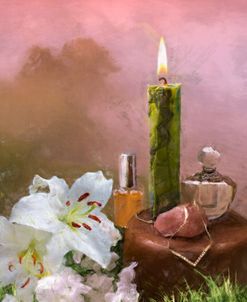 Lilies And Candle In A Hazy Pink Landscape