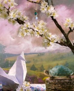 Paper Crane And Stone Turtle In A Spring Landscape