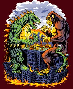 Kaiju Monsters Playing Board Game On Destroyed City