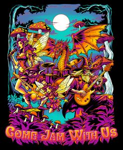 Wizard, Fairy, And Dragon Band In The Woods