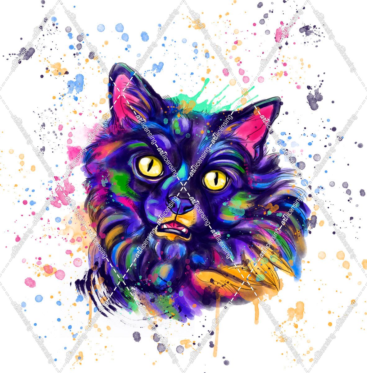 Colorful Watercolor Long Haired Cat
