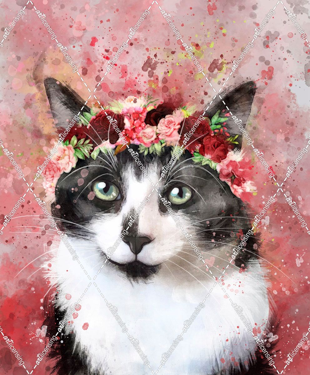 Flower Crown Tuxedo Cat