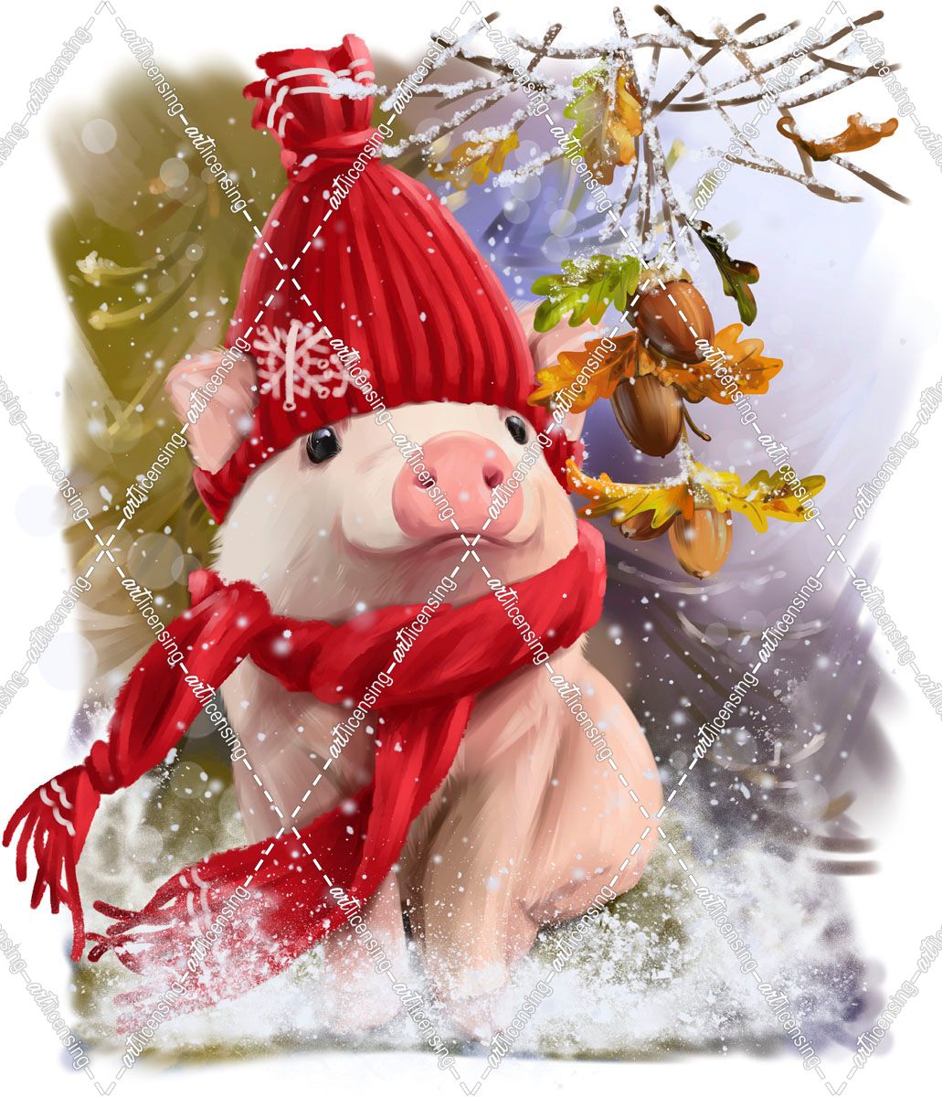 A Little Piggy In A Red Hat And A Scarf