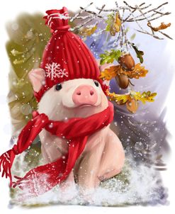 A Little Piggy In A Red Hat And A Scarf