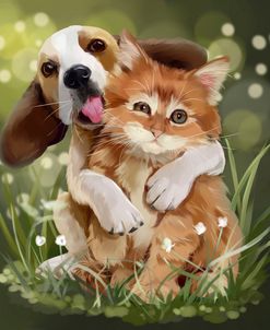 Beagle Puppy Hugging A Ginger Kitten